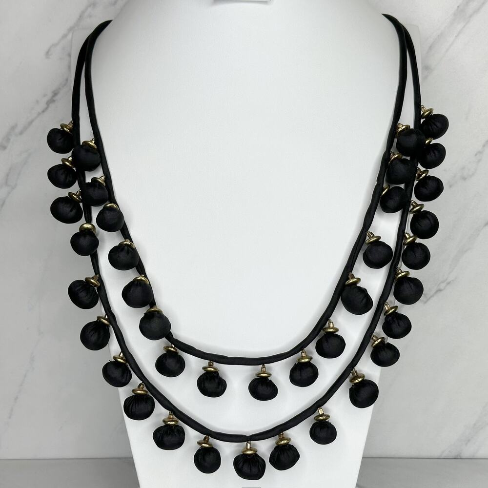 Chico's Black Fabric Bead Multi Strand Necklace Gold Tone ✨